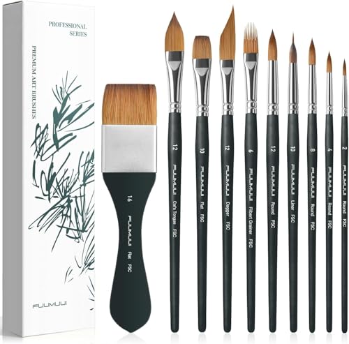 Fuumuui Watercolor Brushes, 10Pcs Professional Watercolor Paint Brush Set, Soft Synthetic Hair - Wide Flat, Dagger, Cat's Tongue, Extended Needle, Round, Grainer for Watercolor Gouache Inks Painting - color: Black