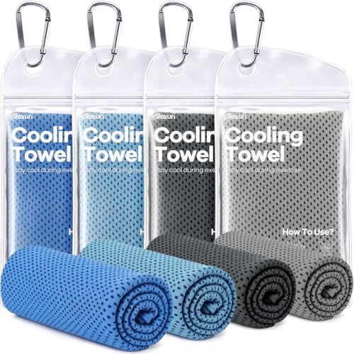 ROXUN Cooling Towels, 4 Pack (40''x12'') Chilly Ice Rags for Neck and Face | Gray+Dark Gray+Blue+Grayish Blue, Soft Breathable, Sports and Outdoor Workouts, Comes with Storage Bags & Carabiners - color: Gray+dark Gray+blue+grayish Blue