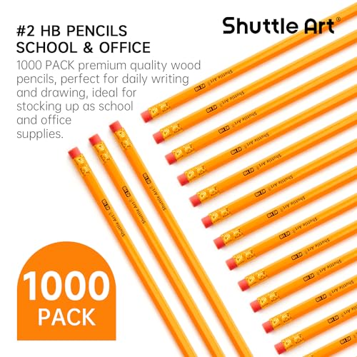 Shuttle Art Wood-Cased #2 HB Pencils, 1000 Pack Sharpened Yellow Pencils with Erasers, Bulk Pack Graphite Pencils for School and Teacher Supplies, Writing, Drawing and Sketching