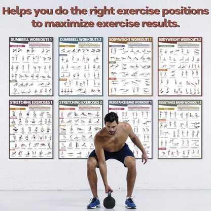 gisgfim 12 Retro Workout Posters for Home Gym Fitness Exercise Charts | dumbbells, bodyweight, stretching, resistance bands, yoga and kettlebells; 17 x 12.6 in, glossy front laminate - color: Retro