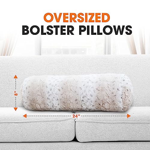Cheer Collection Faux Fur Bolster Pillows – Soft Decorative Cylinder Pillows for Bed or Couch, Machine Washable – 8” x 24”, Set of 2, Snow Leopard - color: Snow Leopard