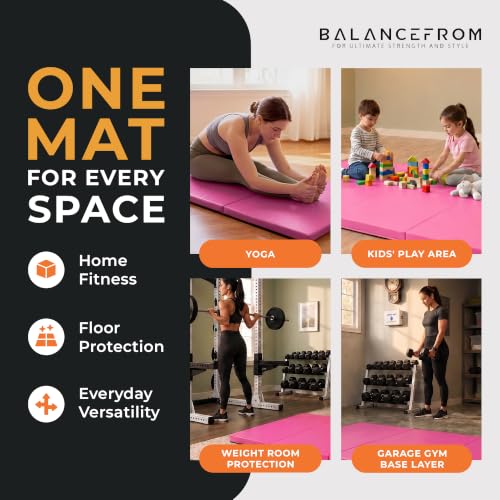 BalanceFrom 6x2 Feet 3-Panel Folding Gymnastics Mat – 2-Inch Thick Pad with Vinyl Surface and Carrying Handles for Tumbling, Yoga, Pilates, Home Workouts, and Martial Arts - color: Pink