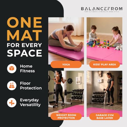 BalanceFrom 6x2 Feet 3-Panel Folding Gymnastics Mat – 2-Inch Thick Pad with Vinyl Surface and Carrying Handles for Tumbling, Yoga, Pilates, Home Workouts, and Martial Arts - color: Pink