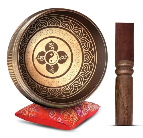 Tibetan Singing Bowl Set - Easy To Play Authentic Handcrafted For Meditation Sound Chakra Yoga Healing 4 Inches By Himalayan Bazaar (Brown and Maroon) - color: Brown - Maroon