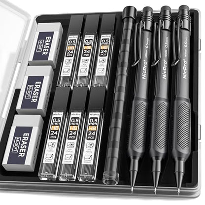 Nicpro 0.5 mm Mechanical Pencil Set with Case, 3PCS Mechanical Pencils 0.5 | HD1000 Led Pencils 0.5mm + 6 Tube HB Lead Refill, Eraser, Weatherproof Barrel for Outdoor Writing Drafting Drawing Sketching - style: 0.5mm(3 Pcs)