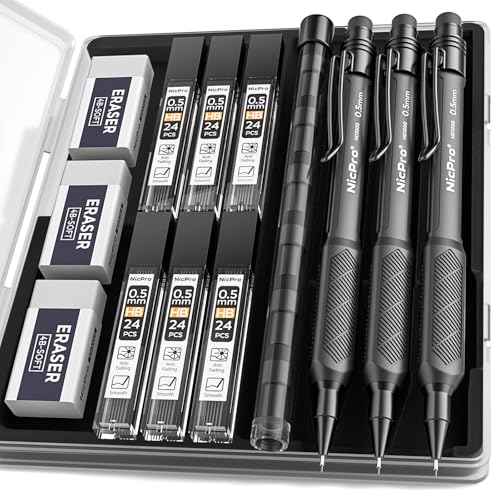 Nicpro 0.5 mm Mechanical Pencil Set with Case, 3PCS Mechanical Pencils 0.5 | HD1000 Led Pencils 0.5mm + 6 Tube HB Lead Refill, Eraser, Weatherproof Barrel for Outdoor Writing Drafting Drawing Sketching - style: 0.5mm(3 Pcs)