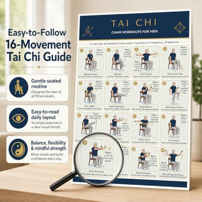 Tai Chi Chair Workout Chart for Seniors & Beginners, 16 Gentle Seated Exercises to Improve Balance, Mobility & Flexibility, Home Exercise Guide, 12 x 16 Inch Unframed