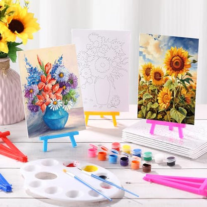 Blosssound 10 Set Pre Printed Canvas Pre Drawn Canvas Painting with Easel Kits 5" x 7" Outline Painting Panels for Beginners, DIY Craft Project, Party Favor, Home Decors(Flower) - style: Flower