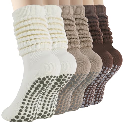 Pilates Grip Socks for Women, Non Slip Scrunch Yoga Socks for Home, Workout - color: 3pairs-beigekhakibrown