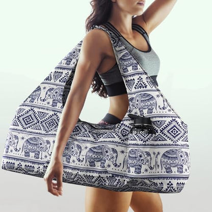Large Yoga Mat Bag Yoga Bags and Carriers Fits All You Stuff Yoga Tote Bag with Yoga Mat Strap, Elastic Pockets and Zipper Pockets - color: beige blue