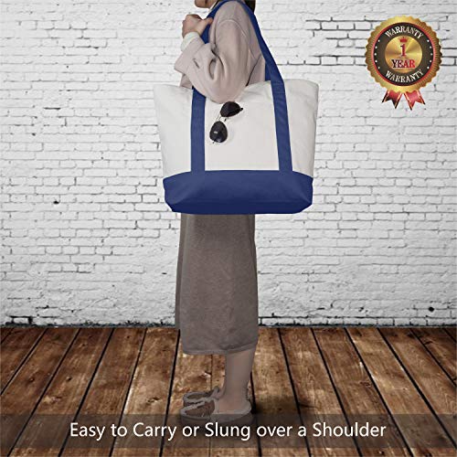 TOPDesign 1-Pack Canvas Tote Bag with an External Pocket, Reusable Grocery Shopping Bag, Top Zipper Closure, Daily Essentials (Blue/Natural) - color: Blue/Natural