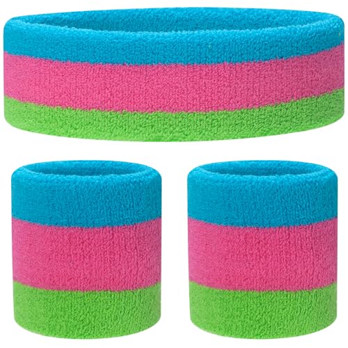 ONUPGO Sweatband Set Sports Headband Wristband Set Sweatbands Terry Cloth Wristband Wrist Sweatband Headbands Moisture Wicking Sweat Absorbing Head Band - color: Neon Blue/Pink/Green