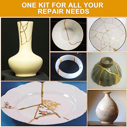 deuvuo Kintsugi Repair Kit Gold, 21 Pcs Authentic Kintsugi Repair Kit to Revive Your Broken Ceramic, Pottery, Mug, Bowl, Glass Keepsakes with Ease - Japanese Art DIY Set Bio for Beginners