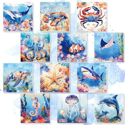 Nezyo 12 Sets Paint by Numbers with Frame, Ocean Animals Canvas 8x8 Inch | DIY Acrylic Number Painting for Beginners, Sea Life Designs, Includes Brushes Paints, Party Classroom Birthday Gift - style: Sea Creatures