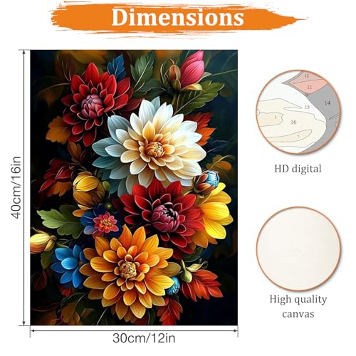 MAXBYE Flower Paint by Numbers Kit for Adults, Beautiful Dahlia Paint by Numbers Kits for Beginner, DIY Acrylic Color by Number on Canvas for Home Wall Decor Gift 12X16 Inch - color: Dahlias