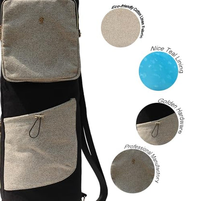 ESVAN Yoga Mat Bag with Multi Pockets Drawstring Yoga Mat Carrier Pilates Exercise Multi-Functional Storage Bag - color: Linen Black Beige