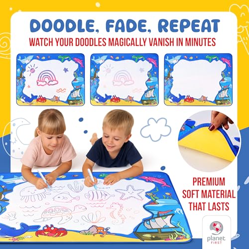 Water Doodle Mat 40 x 32 Inch – Mess Free Toddler Painting Toys, Water Drawing Mat for Kids Ages 3+ with Roller, Stamps, Markers, Water Pens, Foam Shapes, Stencils & Pouch