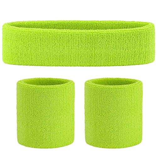 ONUPGO Sweatband Set Sports Headband Wristband Set Sweatbands Terry Cloth Wristband Wrist Sweatband Headbands Moisture Wicking Sweat Absorbing Head Band - color: Neon Green