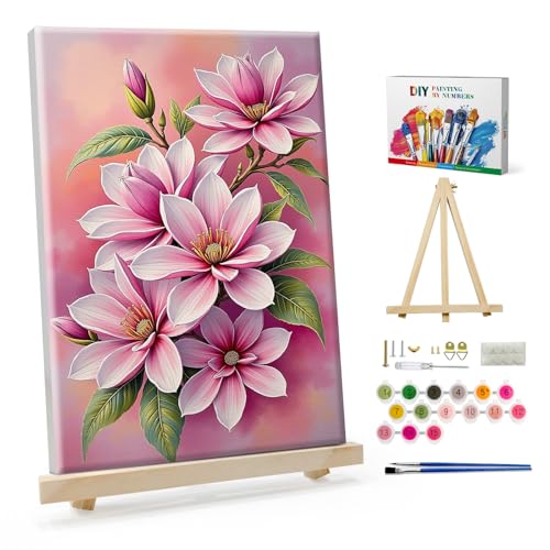 SparkGlow Flowers Paint by Numbers Kit for Adults with Frame, 8×12 Inch | Include Easel, Suitable for Beginners, Premium Canvas, Number Painting for Gift, Home Decoration, Relax and Fun - color: Flowers032