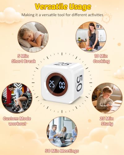 디지털 포모도로 타이머 큐브 5/10/25/50분 프리셋, 무소음 및 사운드 알람 - color: 화이트.
