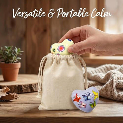 2 Pcs Heart Shaped Meditation Chime Bell Set, 1.77'' Hand-Painted Stainless Steel Hand Chimes for Anxiety Relief and Calm, Decorative Healing Bells with Cotton Pouches - Whimsical Nature