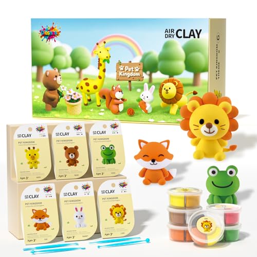 Air Dry Clay for Kids - 6 Animal Themed Modeling Clay Kit, Model Magic Clay with Sculpting Tools and Tutorials, Ultra Light & Soft, Non-Toxic & Safe, DIY Arts and Crafts School Projects for Kids - color: Animals