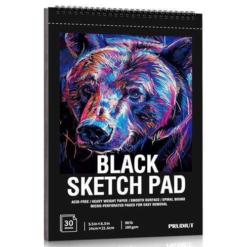 Black Paper Sketchbook 5.5 × 8.5 in, 30 Sheets, 160gsm Spiral Bound | Acid-Free 98Lb Black Paper, Top Spiral, Tear-Off Pages, Hardcover, for Colored Pencil, Chalk & Metallic Markers - size: 5.5×8.5 Inch (1 pack)