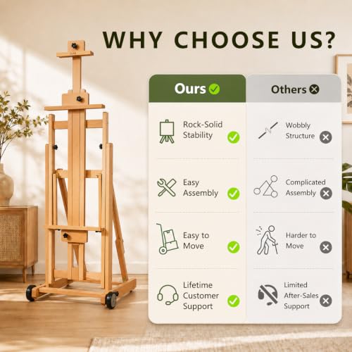 DJAR Large H-Frame Painting Easel for Adults, Solid Beech Wood, Natural | Movable & Tilting Flat Floor Stand, Holds Canvases up to 78", Adjustable Heavy Duty Studio Art Easel for Artists - style: Natural H-Frame Easel