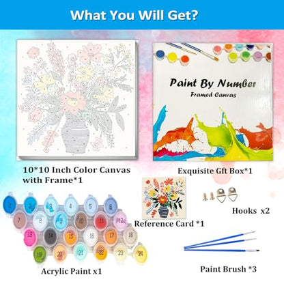 Artunion Framed Paint by Numbers Kit for Adults Beginners & Kids Ages 8-12,Watercolor Flowers Paint by Number with Frame, Floral Abstract Paint by Numbers Kit on Canvas 10 * 10 Inch Without Easel - color: ZXT-239-F