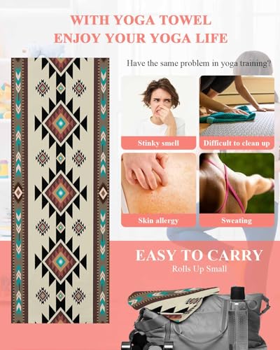 Southwest Geometric Yoga Towel for Hot Yoga Non Slip, Brown Mexican Aztec Boho Tribal Absorbent Yoga Sweat Mat Towels Microfiber Hot Bikram Pilates Fitness Towel 26"x70" - size: 26x70in