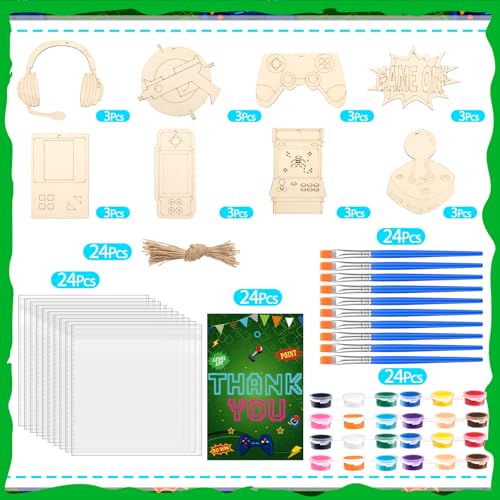 Saypacck 24 Pcs Video Game Party Favors Wooden Paint Craft Kits | DIY Craft for Kids Adults, Includes Brushes Paints Bags, Goodie Bag Fillers, Thank You Gifts, 8 Gaming Controller Designs - style: Game Theme
