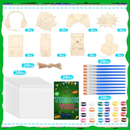Saypacck 24 Pcs Video Game Party Favors Wooden Paint Craft Kits | DIY Craft for Kids Adults, Includes Brushes Paints Bags, Goodie Bag Fillers, Thank You Gifts, 8 Gaming Controller Designs - style: Game Theme