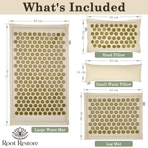 Acupressure Mat and Pillow Set — 4 Piece Full Body Set — Natural Linen & Coconut Fiber — Back Neck Pain Relief, Muscle Relaxation, Stress Relief — Includes Carry Bag