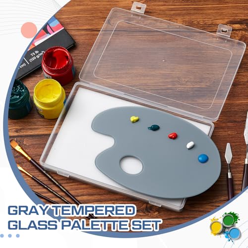 Nuanchu 2 Pcs Handy Neutral Grey Tempered Glass Palette for Oil Painting 6.3 x 10 Inch Airtight Stay Wet Palette Container Oval Keeps Paint Fresh Scratch for Acrylic Painting DIY Mixing Beginners