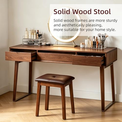 Solid Wood Vanity Stool with Cushion | 11"D x 15"W x 18" H - Small Wooden Ottoman Bench Chair Padded Seat for Bedroom/Living Room/Office/Makeup Vanity - color: Brown - 18"h