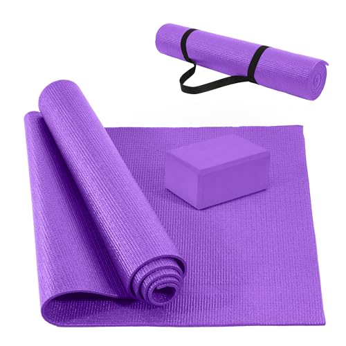 Fitvids All Purpose Thick High Density No Tear Exercise Yoga Mat with Strap & Lightweight Features for Indoor & Outdoor Use - color: Purple