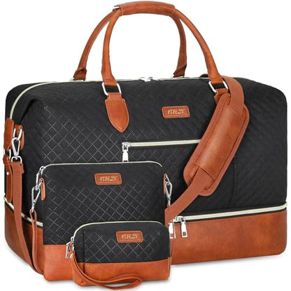 ITIEZY Weekender Bag for Women 21.5" Travel Duffel Large Carry On Bag 3PCS | Nylon Duffel Bag with Waterproof Shoe Compartment, Crossbody Bag and Toiletry Bag, Travel Weekend Hospital Overnight Gym Bag - color: 4-Black