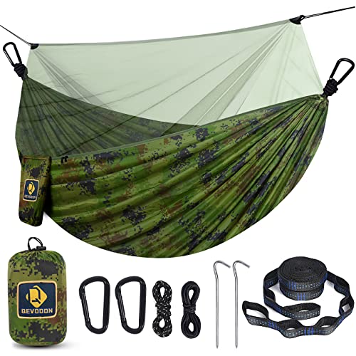 Camping Hammock with Net,Portable Lightweight Double Hammocks with Tree Straps and Solid D-Shape Hanging Hooks,Parachute Nylon Hammock for Backpacking Beach Backyard Patio Hiking - color: Camo, size: Large
