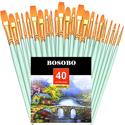 BOSOBO Paint Brushes Set, 4 Pack 40 Pcs Round Pointed Tip Paintbrushes Nylon Hair Artist Acrylic Paint Brushes for Acrylic Oil Watercolor, Face Nail Art, Miniature Detailing & Rock Painting, Green - color: Green, size: 4 Pack