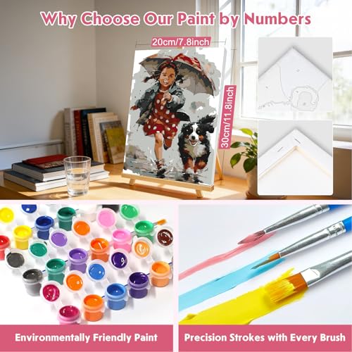 Paint by Numbers Kit for Adults Framed with Wooden Easel, Cute Girl with an Umbrella, Adults' Paint-by-Number Kits on Canvas Running in the Rain, DIY Oil Painting Kit for Home Wall Decor 8x12 Inch - color: red-girl