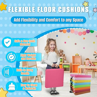 8 PCS 16 Inch Square Floor Pillows with Handles | Waterproof Synthetic Leather Flexible Seating Cushions | 16''x16''x2'' Thick Floor Cushions for Classroom, Home, Yoga & Meditation - color: Yellow, Red (Maroon), Light Pink, Sky Blue, Bright Pink (Fuchsia)