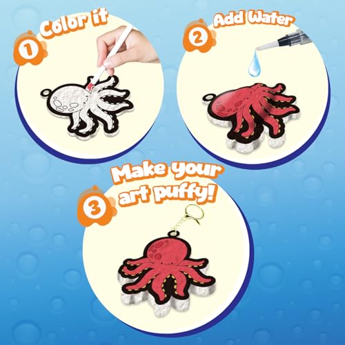 Artnedu 3D Art Kit-Magic Puffy Paint Kit,Ocean Theme,DIY Color Activity | Magic Puffy Keychain,15 Mess-Free Paint by Number Craft for Kids,Best Gift for Girls & Boys Age 4, 5, 6, 7, 8, 9, 10 - color: Ocean Puffy Painting Kits