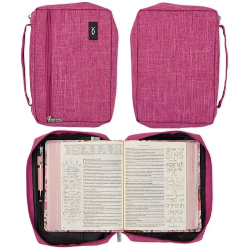 Christian Art Gifts Polyester Bible Cover for Men & Women w/Jesus Fish Patch, Secure Zipper Pocket, Pen Loops, Easy Carry Book Case for Stationery, Accessories, Pink, Small - color: Pink/Jesus Fish, size: Small