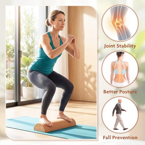 Balance Board for Ankle Stability Training, Cork Wobble Board Set with Foot Massage Roller and Resistance Band for Home Office Gym, Exercise Equipment for Physical Therapy and Yoga