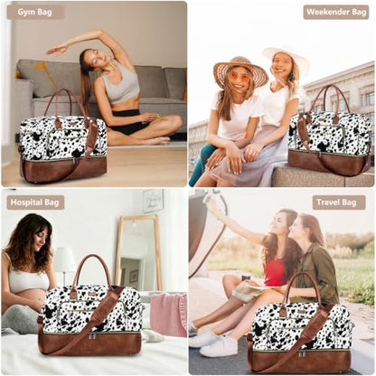 Large Women Travel Weekender Bag: Carry on Duffle with Shoe Compartment | Overnight Duffel Bags with Wet Pocket, Crossbody & Toiletry Bag, 3PCS Womens Traveling Tote Set for Hospital Gym Weekend Trip - color: Black Cow Print