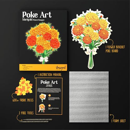 Unwynd Poke Art Marigold Flower Bouquet Kit for Adults, Women and Teens | Hobby activity, brain puzzles, adult, 12 illustration sheets, 12 pages of stickers, 12 colour pages Rubbing Plates & Supplies - style: Marigold