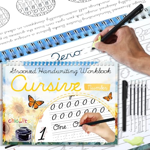 chiazllta Grooved Cursive Handwriting Workbook with Disappearing Ink Pens Magic Reusable Grooved Cursive Writing Practice for Beginners Kids Kickoff Student Workbook Homeschooling Supplies (Number) - style: Number