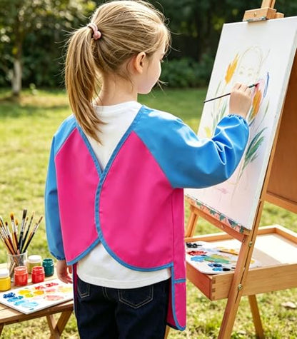 2 Pack Kids Art Smock Waterproof with Long Sleeve and 3 Roomy Pockets Artist Children Aprons for Toddlers Age 3-8 Painting Crafts（Red+Lake Blue） - color: 2 Pack Red+lake Blue