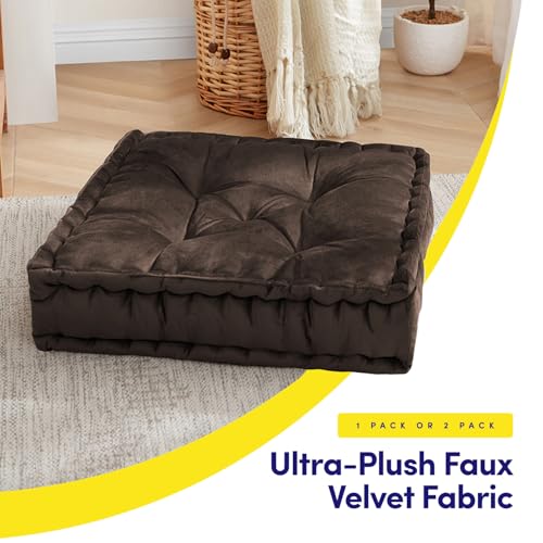 Floor Pillow Large Square Tufted Decorative Cushion 20" x 20" Faux Velvet Fabric Ultra Thick Fill for Kids and Adults, 1 Pack, Coffee Brown - color: Coffee Brown, size: 1 Pack
