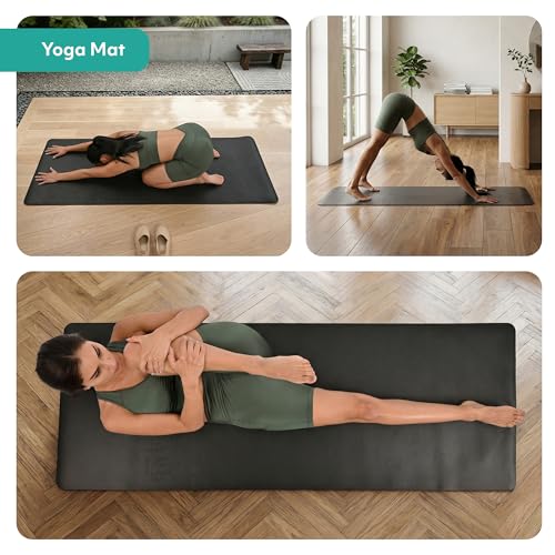 Yoga Mat 5mm Thick – Non Slip Exercise Workout Pad, PU Natural Rubber Grip, Extra Large 183x68 cm, Pilates Fitness Training, Includes Strap & Carry Bag - color: BLACK